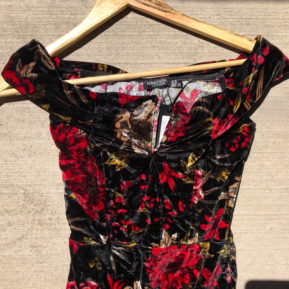 body suit: velvet, floral, off the shoulder